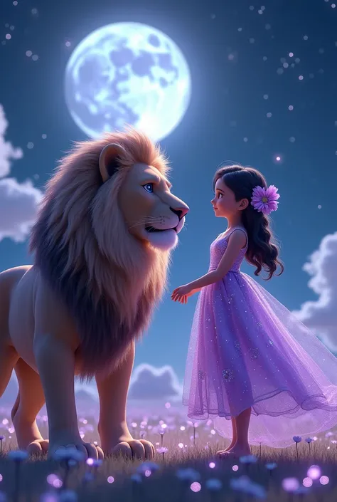 Create a hyper-realistic 3D animation featuring a stunning girl adorned in a sparkling  purple dress, complemented by shimmering flowers woven into her hair. Beside her stands a magnificent lion with luxuriously soft fur, exuding strength and grace. The ba...