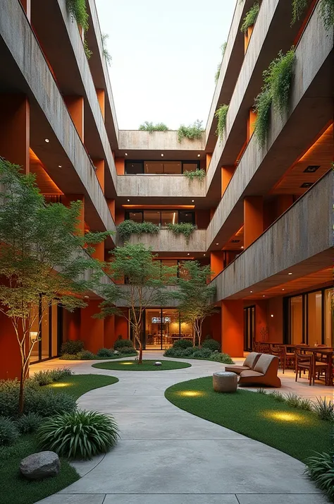 ((best quality)), ((masterpiece)), (detailed), perfect face urban social center 2 floors of 2.500m², contemporary style, exposed concrete and orange corten steel, green area highlight