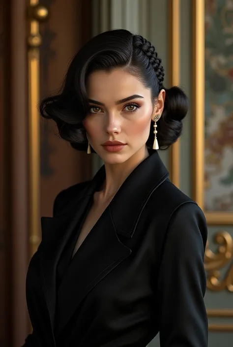 a 1940s woman with a sleek and sophisticated ((haircut)) that incorporates intricate (braids and curls) interwoven with sleek (((dark hair))), (((dark eyes))), that convey a sense of mystery and espionage, dressed in a (((black skintight and glossy coat)))...