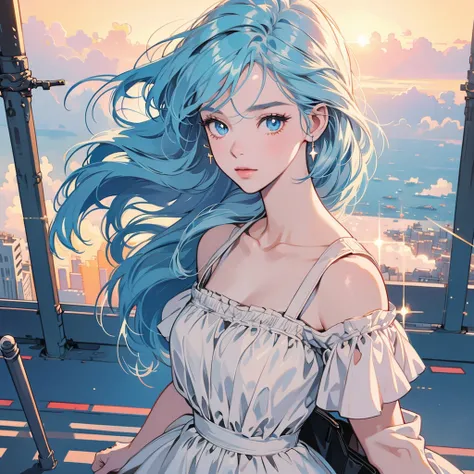 upper body, 1 woman, top quality, 8K, wind blowing,White camisole, sunset, future city, skyscraper, power lines, crosswalk, sign, railroad tracks, train station, (((sparkling eyes))), (((mysterious))), light blue hair, detailed hair, complex background, de...