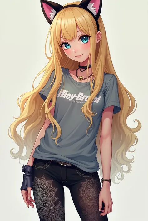  blonde and blue eyed teenage girl, full body (from head to toe), dressed in fine leggings with mandalas, a gray Hello Kitty T-shirt, black stockings, and a headband with kitty ears, showing buttocks 