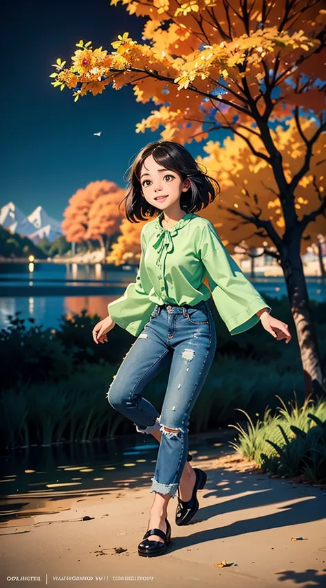 Highly detailed animation of a young girl standing in front of a lake,short black hair,brown skin,wearing a light green long sleeve shirt and (blue jeans),curious expression,dynamic model pose,a Big smile,bokeh backdrop of a beautiful lake,tree,flower,bird...