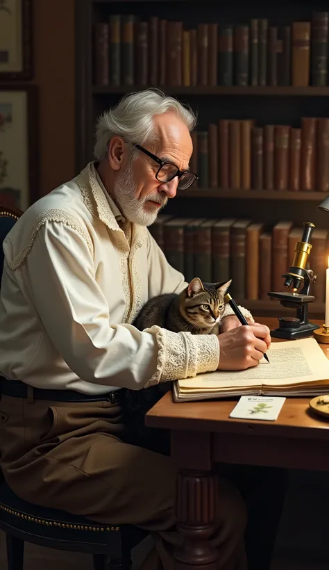 Photographic, Profile, sitting pose, Title is The Flora of Japan,  write book , desk and chair , in home study, hand hold 1 cat ,Goose quill pen ,parchment, a small ink pot , microscope, Specimen of pressed plant leaves, 1 candle, on desk, night, back many...