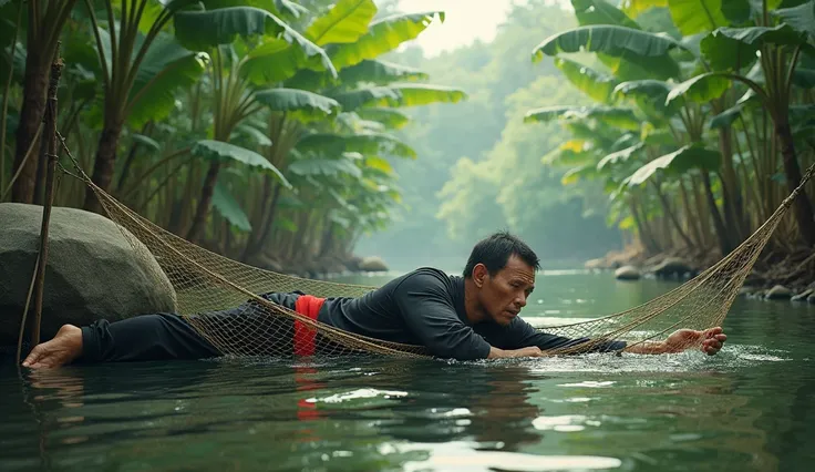 A hmong man face wearing  black shirt, black trouser and red cotton belt lying in the big river, hand stuck in the net, big stone and several banana tree in the asia forest