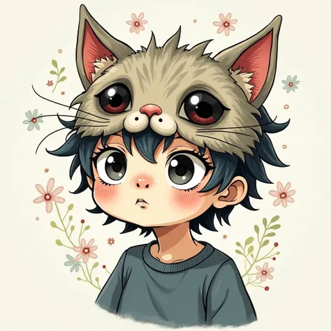 cartoon drawing of a young man with a cat mask on, monstergirl, inspired by Chiho Aoshima, girl with cat ears, inspired by Hikari Shimoda, inspired by Taro Okamoto, demon Man, portrait of a cute monster, portrait of demon boy, hylics artwork, monster boy, ...