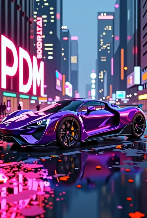 
Create me a purple car with the letters PDM on the side of the car
