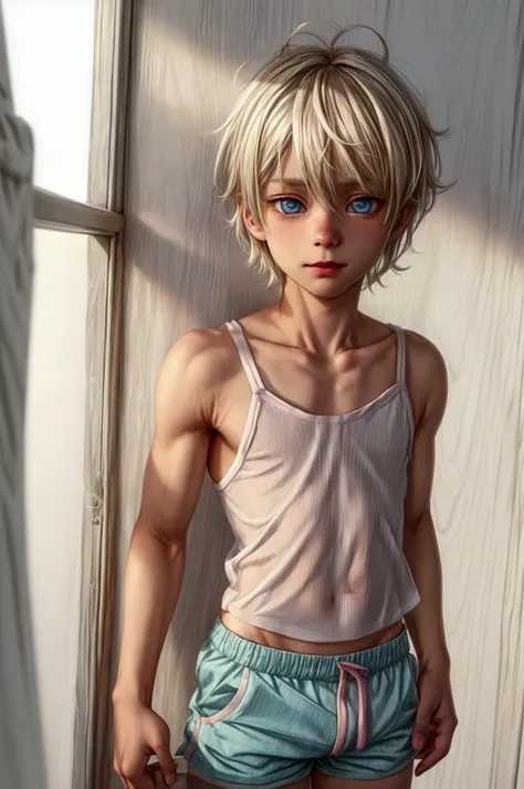 Anime style, Highres, Masterpiece, Best quality at best, Best Quality, hight quality, hight detailed, 1boy, (little boy), boy, blonde boy, blond Hair, perfect boy body, cute boy, detailed light blue eyes, detailed eyes, short hair, messy hair, pastel rainb...