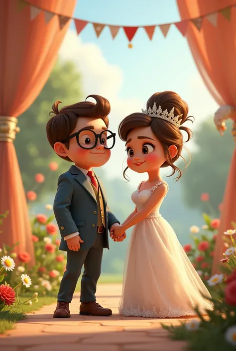 Edder with glasses and Gabriela in a wedding dress 