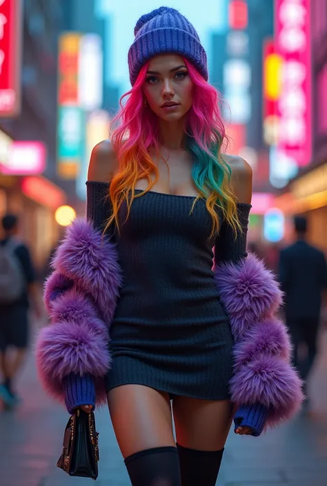 sexy girl, rainbow hair, medium chest, slim waist, tight fluffy off-shoulder knitted dress, fluffy knitted hat, black thighs, street, RETRO ART STYLE, NEON_POP ART STYLE, ART STYLE.