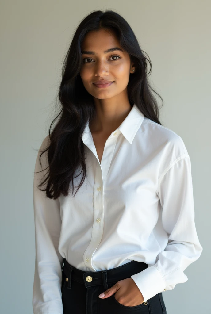 Indian young Lady in white shirt and black jeans with shoes