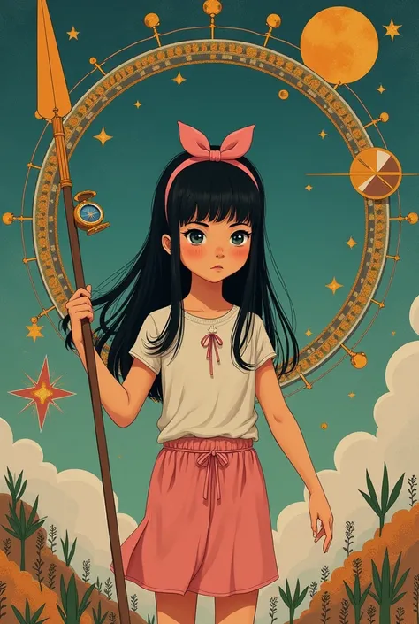 Colaki, surrealist, rescue, Hilma af Klint style, a girl with long straight black hair, pink bow headband, compass on left hand, spear,