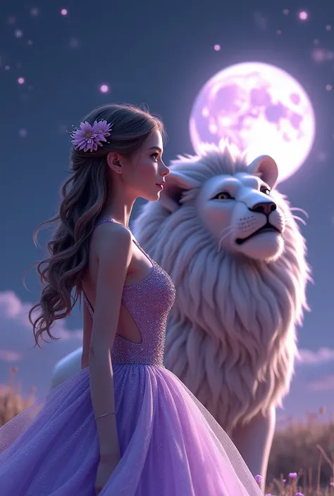 Create a hyper-realistic 3D animation featuring a stunning girl adorned in a sparkling  purple dress, complemented by shimmering flowers woven into her hair. Beside her stands a magnificent lion with luxuriously soft fur, exuding strength and grace. The ba...