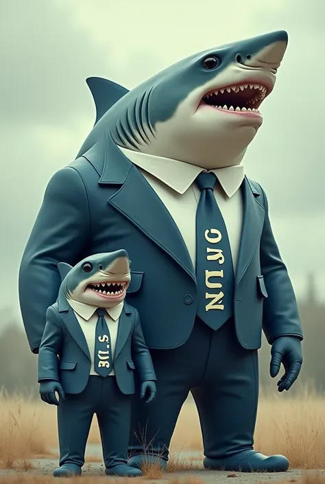 A shark with a big suit written muri and a small shark with a suit written sy