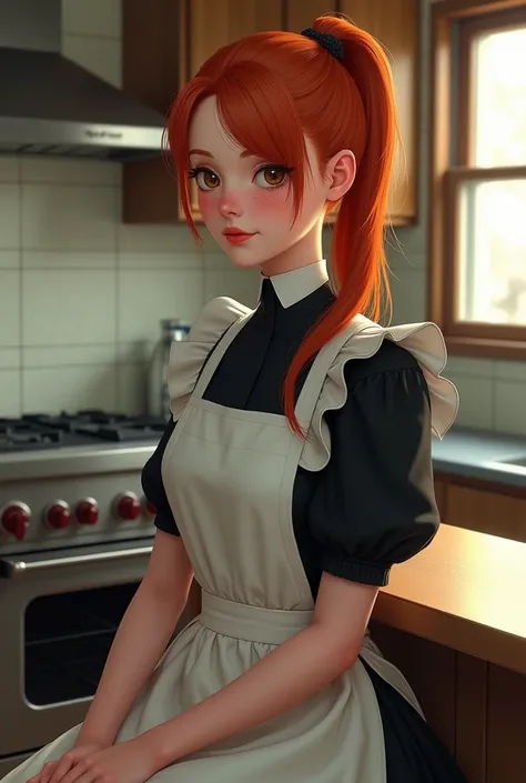 Redhead woman with her hair tied in a ponytail and a maid dress sitting at a kitchen counter (realistic type)