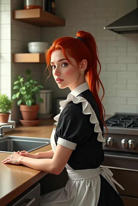 Redhead woman with her hair tied in a ponytail and a maid dress sitting at a kitchen counter (realistic type)