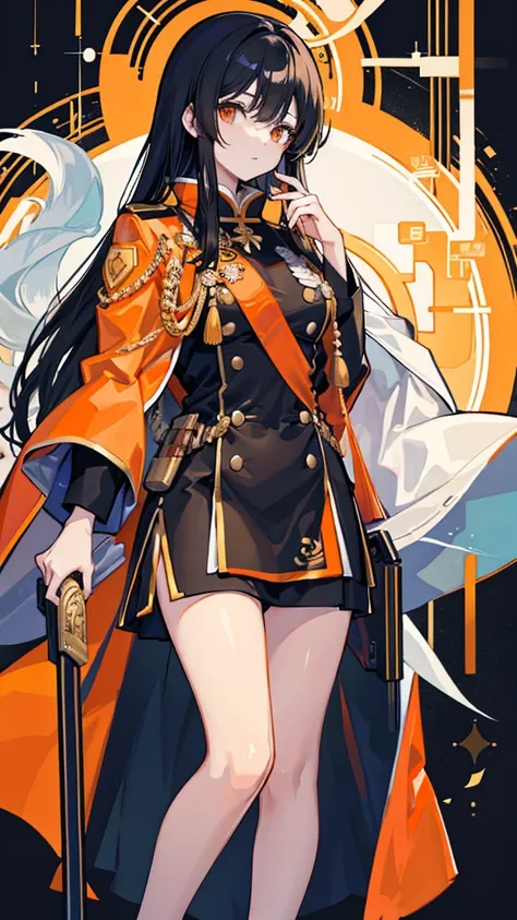 Long black hair white girl in military uniform, Orange cape, [Daha Gong&#39;s bulging eyes, Science fiction, dark mood, charturnerv2