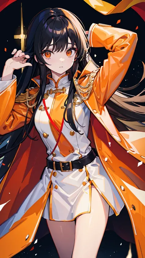 Long black hair white girl in military uniform, Orange cape, [Daha Gong&#39;s bulging eyes, Science fiction, dark mood, charturnerv2