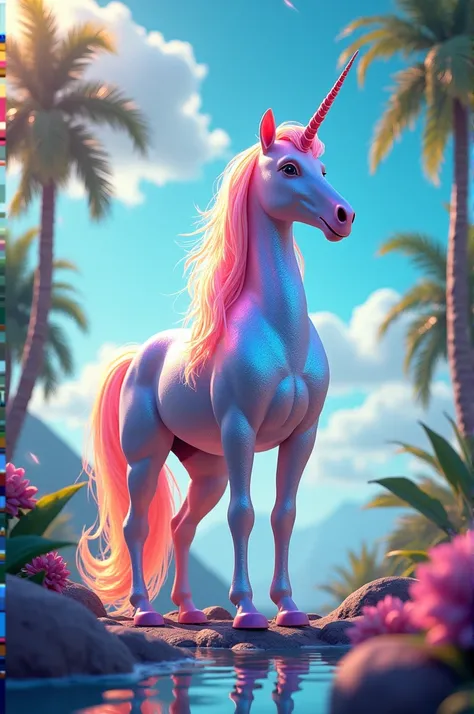 Create a dazzling 3D animation of a majestic unicorn standing gracefully on a palm tree. The unicorn should be radiant, with a shimmering coat that sparkles in the sunlight and a flowing mane that glitters with every color of the rainbow. Surround the scen...