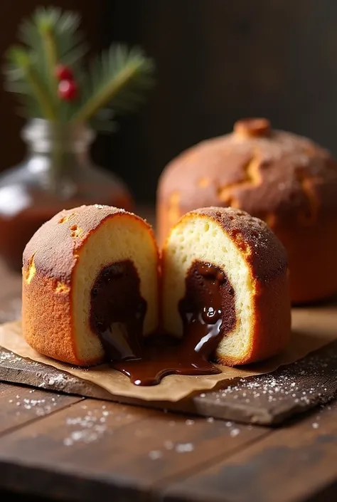 Create a realistic image of a chocotone filled with chocolate cream. The chocotone should be cut in half to reveal the soft, fluffy dough with rich, melted chocolate inside.. The surface should have a light golden brown crust with sugar crystals.. The choc...