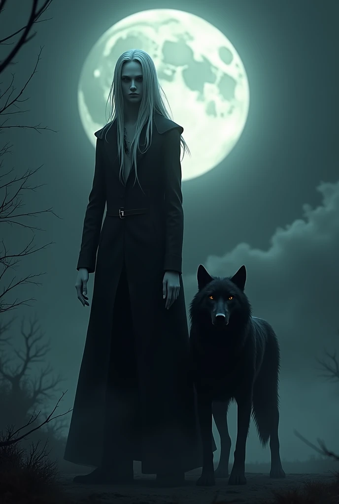 3D real animation of a vampire standing with a height of 170 centimeters long hair accompanied by a black wolf, a dark full moon, using the username, 
Name (adi collection)