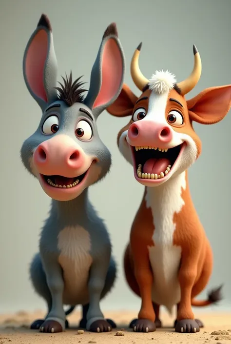 A donkey with super pronounced lips and a cow showing very pronounced teeth 