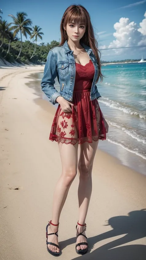 Kasumi, wearing a denim jacket and a red dress with lace underneath, wearing black sandals, full body photo, on a beautiful beach.