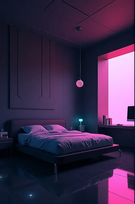 (single bed) (cyberpunk room) (black and purple tones) (simple computer)