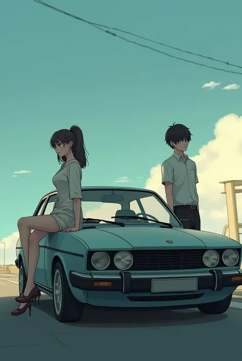 A girl should sit on the hood of the car, with a man standing next to her; the car should take up most of the frame; the girl should not be on the roof of the car; the car and the character should be smaller