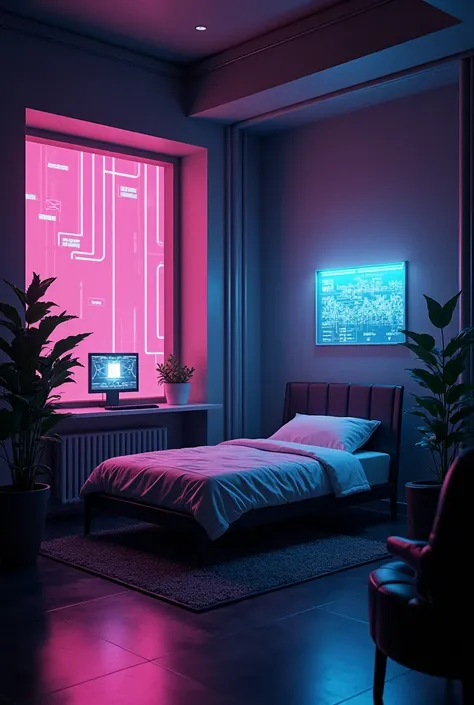 (single bed) (cyberpunk room) (black and purple tones) (simple computer) (some planta) (futuristic)