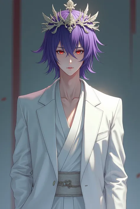 A Japanese man with purple hair, a white suit and a crown 