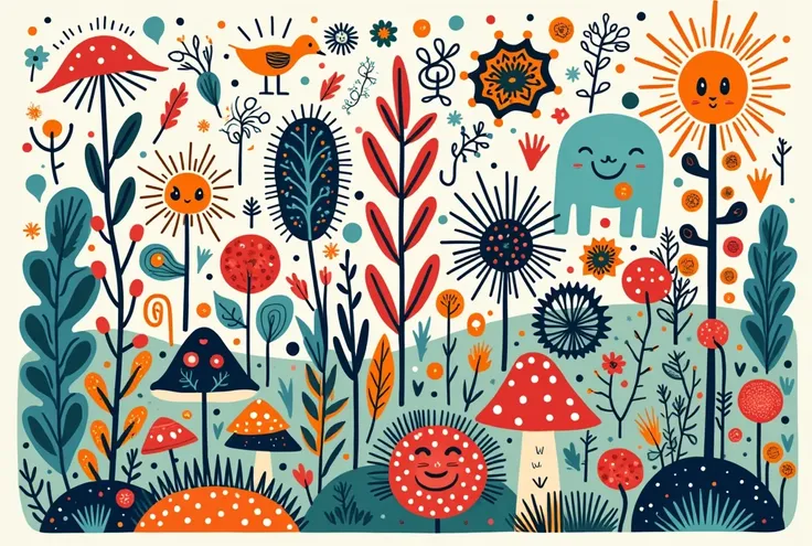 Create a biology themed background, with animals, plants, mushrooms, bacteria and viruses. do it with a doodle style. The image must be laid down


