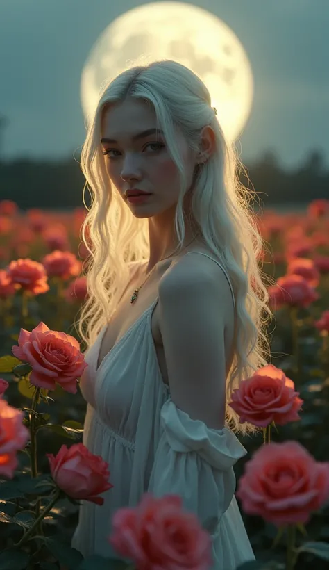 beautiful caucasian rose priestess, in a field of roses under a moon light, masterpiece, high detailed face, Global illumination, real hair movement, best quality, Sharp Focus, (32k resolution, UHD, HDR)(Kodak gold 200, Portra 400, fujifilm superia), Canon...