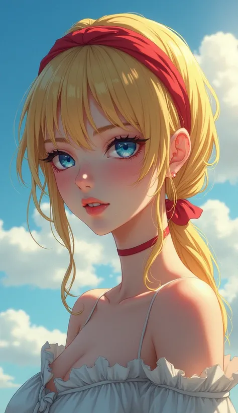 masterpiece, best quality, best quality, (Intricate detailed:1.2), beautiful eyes, 1girl, solo, outdoors, blue sky, cloudy, bokeh, lens flare, anamorphic lens flare, depth of field, seductive face, seductive smile, heanna_sumire, yellow hair, red headband,...