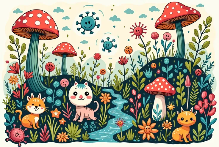 Create a biology themed background, with animals, plants, mushrooms, bacteria and viruses. do it with a doodle style. The image must be laid down


