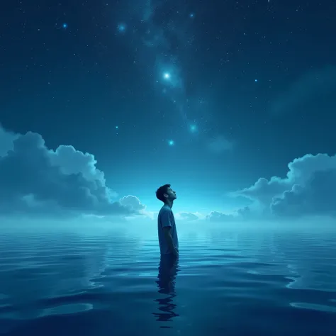 A young man standing in a infinity Sea, blue sky with stars, detailed 