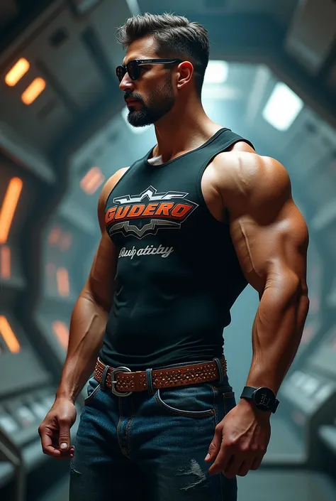 Handsome and muscular man with big pecs, with sleeveless shirt with automotive brand print, strong arms a pair of jeans, with sexy studs, thick belt, strong and muscular legs, large lump,  In the background, en una nave espacial,   great detail and sharpne...