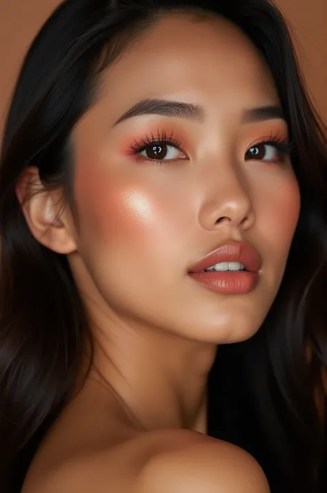 Create a  makeup for indonesian women, glowing glass skin, radiant complexion, taning skin, highlighter dewy skin, natural pink or cora blush, soft eye makeup and glossy lip, hd picture, real skin texture, close up face, long hair.