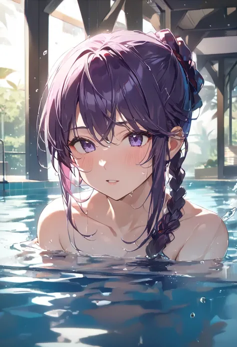 masterpiece, best quality, 1 girl, solo, large breasts, purple eyes, bangs, black hair, braids hair, pool, in the pool, (wet:1.1), water drops, one-piece swimsuit, (strap slip:1.3), nsfw, nipples,junior high school student