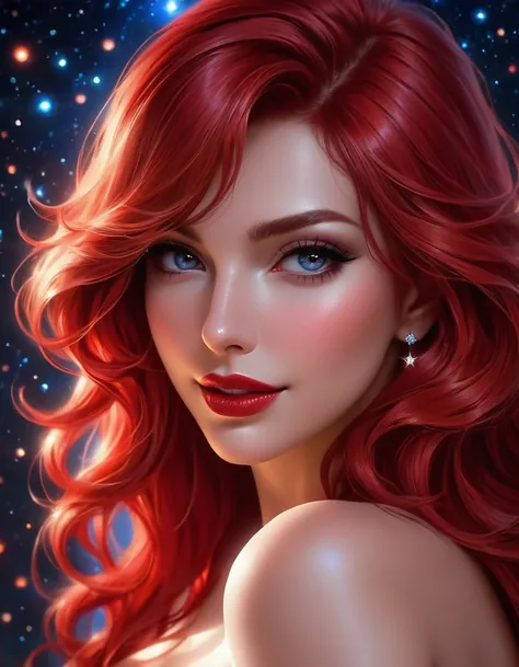 NSFW, (Masterpiece - Ultra-Detailed, High Resolution) ((vivid red hair)), full body, mature woman, 30 years old, diamond face, red starry sky background, depth of field, magic, big red lips, ((dark and black eyes)) naked, pussy, mystical atmosphere, ominou...