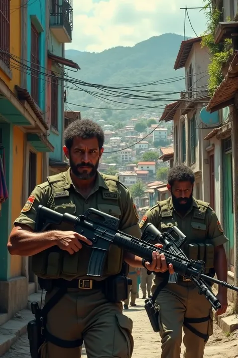 Men with rifles in a favela in Rio de Janeiro