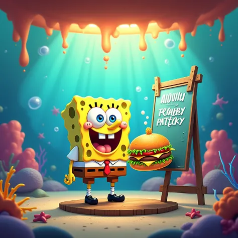 Menu Board，a spongebob-style cartoon underwater restaurant menu, spongebob, krabby patty burger, spongebob style, anime style, underwater ocean scene, food background, wooden menu, (best quality,4K,8k,highres,masterpiece:1.2),ultra-detailed,(realistic,phot...