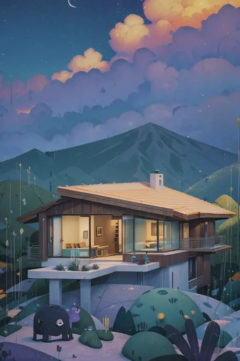 small and beautiful modern house in top of big boulders, terraces, pool, stairs, multiple cacti gardens, palms, trees, rocks, beautiful landscape design, mountains and volcano y background, amazing clouds, sun, moon, planets, milky way galaxy, concrete, wo...