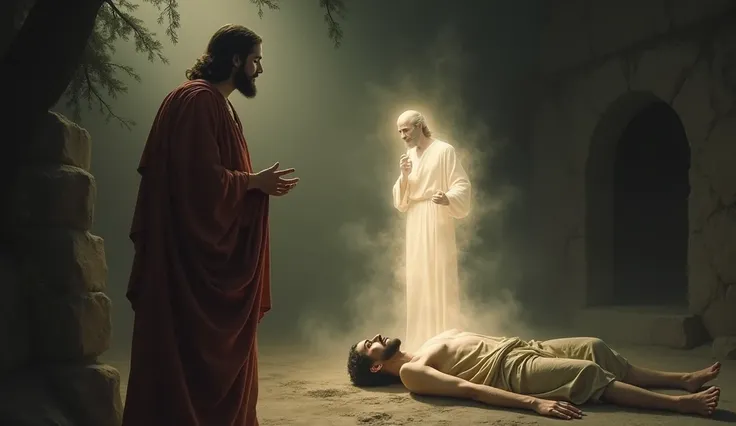 Jesus Christ seeing a dead man leaving his body as a spirit