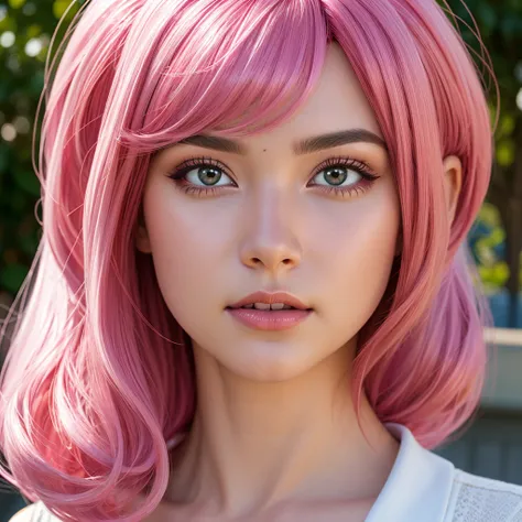 belle delpine, pink air, ((photorealistic)) , plastic wig , ((mid-shot))  