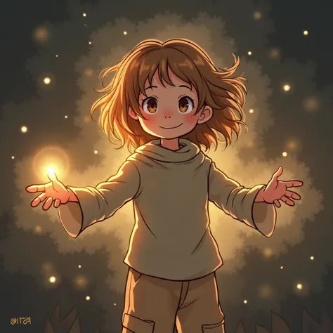 Generated an illustration of the girl from the original illustration trying to grab a small light in the darkness　The illustrations are created with a watercolor touch.