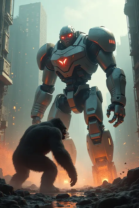 An evil robot from the future fighting a giant gorilla