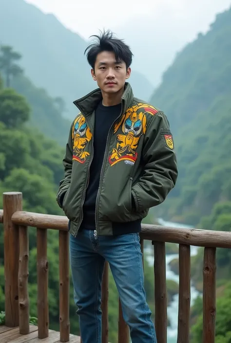 A cinematic medium shot of a 20-year-old Korean man with a clean face and spiky hair. He is wearing a thick jacket with a Bumblebee (a character from Transformers Autobots) design, jeans, and sneakers. He is posing on a wooden balcony. The background revea...