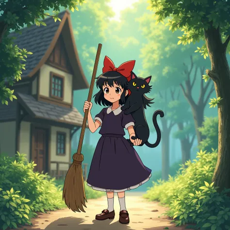 Detailed anime art in studio style "Ghibli", depicting Kiki, a character from a full-length anime "Witch Delivery Service". A  stands with a flying broom in her hands and a black cat named Zizi on her shoulders near an old house deep in the forest., beauti...