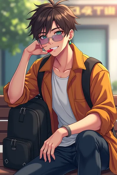 Cute man. Anime. Asian. Handsome. Boy. Beautiful facials features. Smooth skin. Little grey eyes. Scar under his left eye. Short brown hair with a lighted bang. Tongue out. Stylish sunglasses on his nose. Oversized sweater. earrings. Sat on a bench outside...