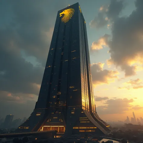 a futuristic skyscraper tower, black and gold color scheme, twilight scene, dark and ominous atmosphere, golden lights illuminating the buildings, intricate architectural details, advanced technology, sleek and angular design, cinematic camera angle, drama...